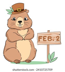 Hand Drawn Happy Cute Groundhog vector illustration, Holiday card Happy Groundhog Day.  2 February 