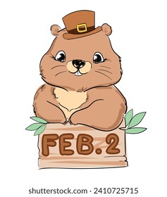 Hand Drawn Happy Cute Groundhog Day vector illustration, Holiday card Happy Groundhog Day.  2 February 