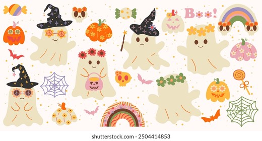  Dibujado a mano feliz y lindo conjunto de Elementos de halloween. fantasma, calabaza, murciélago y sombrero Clipart.