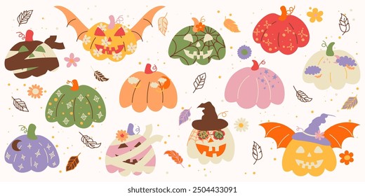 Dibujado a mano feliz y lindo conjunto de Elementos de halloween. fantasma, calabaza, murciélago y sombrero Clipart.