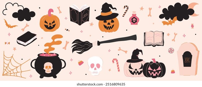 Dibujado a mano feliz y lindo conjunto de Elementos de halloween. fantasma, calabaza, murciélago y sombrero Clipart.