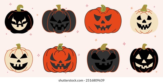 Dibujado a mano feliz y lindo conjunto de Elementos de halloween. Clipart de calabaza.