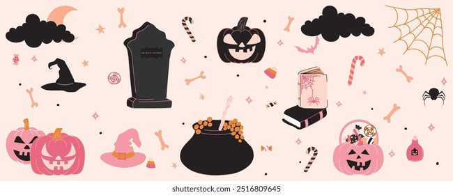 Dibujado a mano feliz y lindo conjunto de Elementos de halloween. fantasma, calabaza, murciélago y sombrero Clipart.