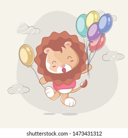 hand drawn happy cute lion with balloons for kids