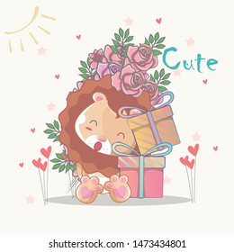 hand drawn happy cute lion with flowers and gifts for kids