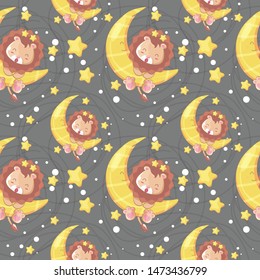hand drawn happy cute lion with moon and pattern set
