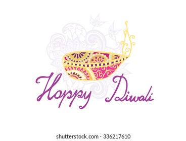 Hand drawn happy diwali and oil lamp on white background.