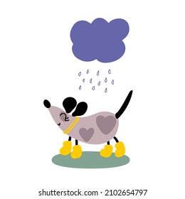 Hand drawn happy dog in yellow boots walking in the rain. Perfect for T-shirt, greeting card and print. Doodle vector illustration for decor and design.
