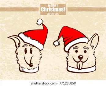 Hand drawn happy dogs in santas hats. Vector illustration