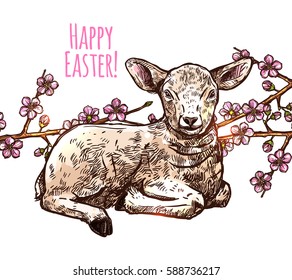 Hand Drawn Happy Easter Baby Sheep. Sketch Greeting Illustration With Lamb And Apple Blossom