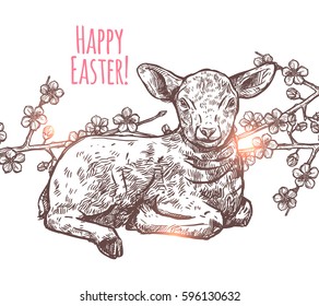 Hand Drawn Happy Easter Baby Sheep. Sketch Greeting Monochrome Illustration With Lamb And Apple Blossom