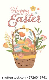 Handgezeichnete Happy Oster Banner Set. Sammlung von Plakaten mit Frühlingsblumen, Tulpen, bunten Eiern, Küken und Kaninchen. Eiersuche Karten für traditionellen religiösen Feiertag.