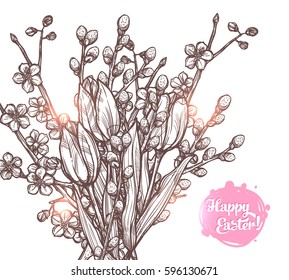 Hand Drawn Happy Easter Bouquet With Tulips, Willow And Apple Blossom Branches. Sketch Greeting Monochrome Illustration