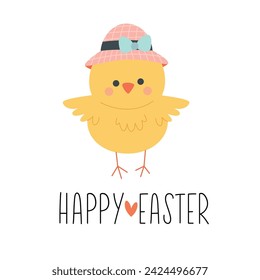 Hand drawn Happy Easter card with chick girl in hat with bow. Vector banner