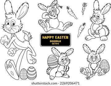 Hand drawn Happy easter doodle set. Easter bunny, eggs, Carrot, branches in line sketch style..