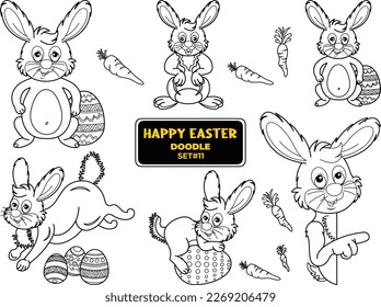 Hand dibujó Happy Easter doodle set. Conejo de Pascua, huevos, arrozal, ramas en forma de sketch de líneas...