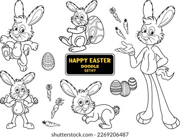 Hand drawn Happy easter doodle set. Easter bunny, eggs, Carrot, branches in line sketch style..