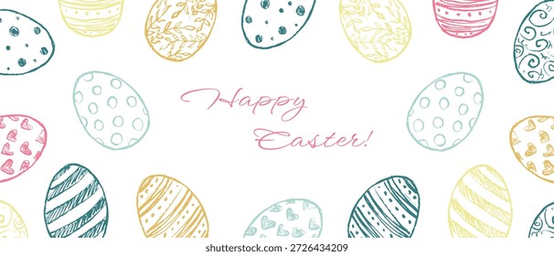 Banner de ovos de Páscoa feliz desenhado à mão. Convite de férias colorido, cartão de saudação. Ilustração de esboço vetorial em estilo de carvão de giz de cera vintage