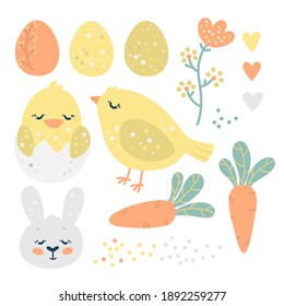 Hand Drawn Happy Easter Flat set with bunny, chicken, eggs, carrots, hearts and flower on a white background. Cute spring collection, vector eps10 for prints, fabrics