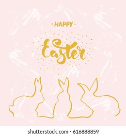 Hand drawn Happy Easter greeting card with bunnies.