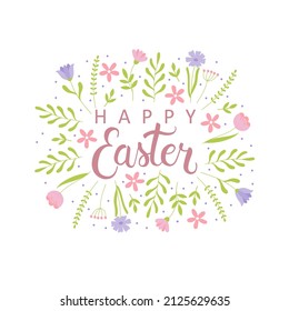 Dibujaron mano de texto con letras de feliz Pascua con flores. Plantilla para tarjeta de saludo, invitación, afiche, banner y pegatina.