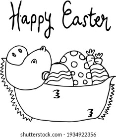 Hand drawn Happy Easter with monster animal paschal eggs basket holder ,cartoon doodle for kid coloring page 