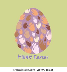 Hand drawn Happy Easter postcard, card, invitation, poster. The eggs have a handprint ornament. Original Easter card. Easter egg decorated with palms of hands with different skin color.Vecktor
