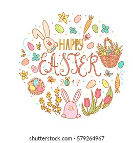 Hand drawn Happy Easter poster with typography text. Cute spring holiday symbols - bunny, eggs, basket, butterfly, flowers. Greeting card background. Vector decoration.