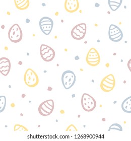 Hand drawn Happy Easter seamless background. Colorful painted eggs and uneven chaotic speckles, specks, flecks vector pattern. Uneven brush drawn textured outline, Pastel yellow, pink, blue colors.