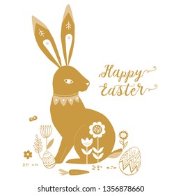 Hand drawn happy easter set with bunnies design. Rabbit bohemian style, isolated boho illustration on white. Cute baby rabbit illustration for design - Illustration