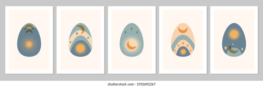 Hand drawn Happy Easter set, abstract boho posters. Eggs with moon, sun, star isolated on beige background. Vector flat illustration. Design for pattern, logo, invitation, greeting card  - Shutterstock ID 1932692267