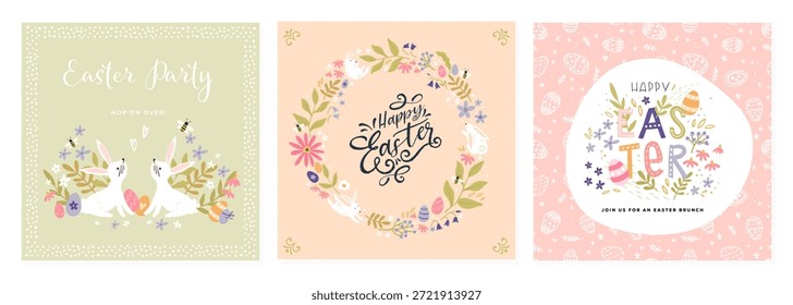 Dibujado a mano feliz Plantillas de Pascua, Anuncio, cartel, tarjeta de felicitación. Diseño moderno de Pascua con huevos, flores y tipografía de Festiva - diseño de Vector
