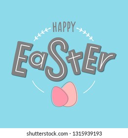 Hand drawn Happy Easter text for Paschal poster, logotype, icon or badge on blue background. Sketched ressurection sunday card, banner, postcard, lettering typography, template, seasons greetings