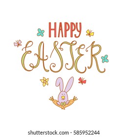 Hand drawn Happy Easter text with bunny, flowers, butterfly. Vector greeting background. Spring holiday typography, font, type, calligraphy. Art banner.