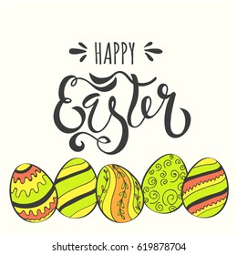 Hand drawn Happy Easter text as badge, logotype or flyer.Lettering and typography.