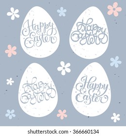 Hand drawn Happy Easter title in egg shape with textures. Beautiful old style calligraphy for your design.
