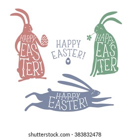 Hand drawn Happy Easter title in rabbit silhouettes. Set of three different pictures. Beautiful old style lettering for your design.