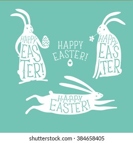 Hand drawn Happy Easter title in rabbit silhouettes. Set of three different pictures. Beautiful old style lettering for your design.