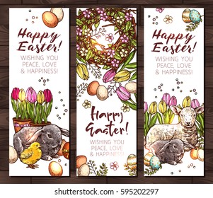Hand Drawn Happy Easter Vertical Banners. Design In Sketch Style
