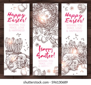 Hand Drawn Happy Easter Vertical Banners. Design In Sketch Monochrome Style