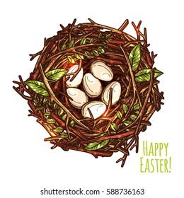 Hand Drawn Happy Easter Wicker Nest With Eggs And Green Leaves. Sketch Color Illustration