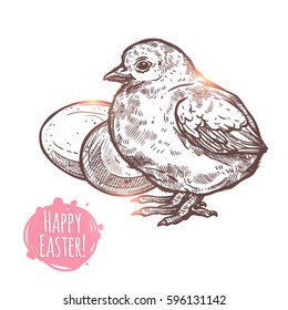 Hand Drawn Happy Easter Wicker Chicken With Eggs. Sketch Greeting Monochrome Illustration