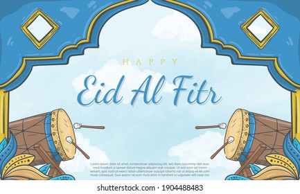Hand drawn Happy Eid al Fitr banner with Islamic Ornament Illustration