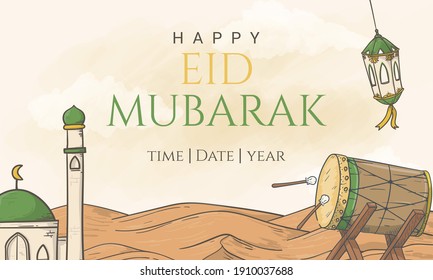 Hand drawn Happy Eid al Fitr banner with Islamic Ornament Illustration