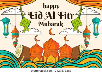 hand drawn happy eid al fitr mubarak background illustration