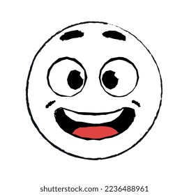 Hand drawn happy emoticon. Character smiles and opens mouth in anticipation of surprise. Positivity and optimism. Reaction for messengers and avatars for social media. Cartoon flat vector illustration