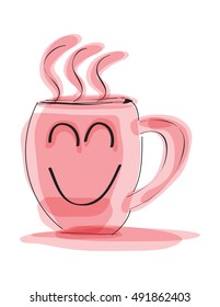hand drawn a happy face mug in pink color on white background. vector illustration.