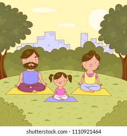 Hand drawn happy family doing yoga in park. Vector illustration of father, mother and daughter meditating outdoors. Healthy people lifestyle. Sport exercise. Man, woman and kid sitting in lotus asana.