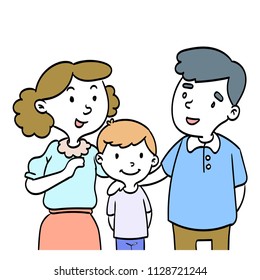 Hand drawn of Happy Family, Father, Mother, Son and Daughter. Cartoon Character Design Isolated on white Background. Hand Drawn Vector Illustration.