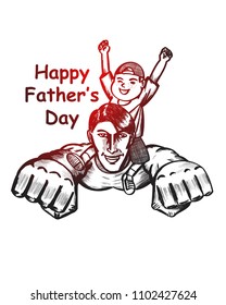 Hand drawn happy father's day, flaying, boy, hero, playing, good for poster, card, banner 